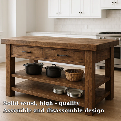 Live Edge Solid Wood Kitchen Island - Rustic Farmhouse Butcher Block Prep Table with Storage