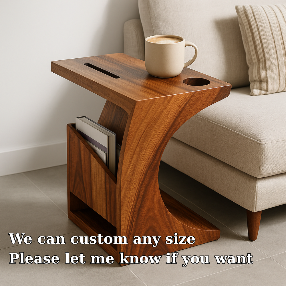 Handcrafted Solid Wood Armrest Table with Cup Holder & Magazine Storage