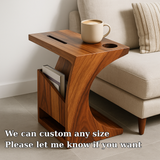 Handcrafted Solid Wood Armrest Table with Cup Holder & Magazine Storage