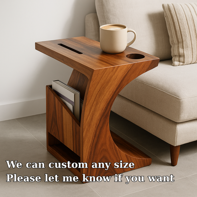 Handcrafted Solid Wood Armrest Table with Cup Holder & Magazine Storage