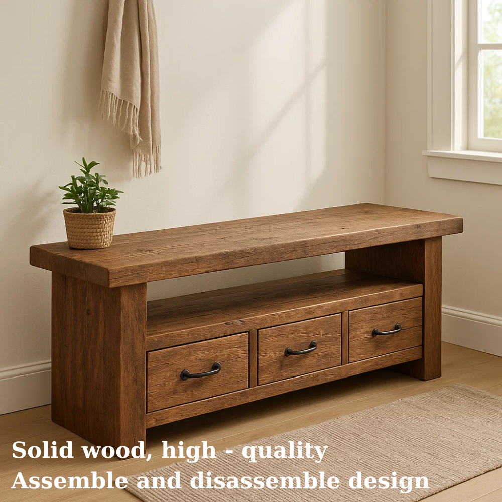 Handcrafted Solid Wood Bench – Rustic Entryway Storage Bench with 3 Drawers