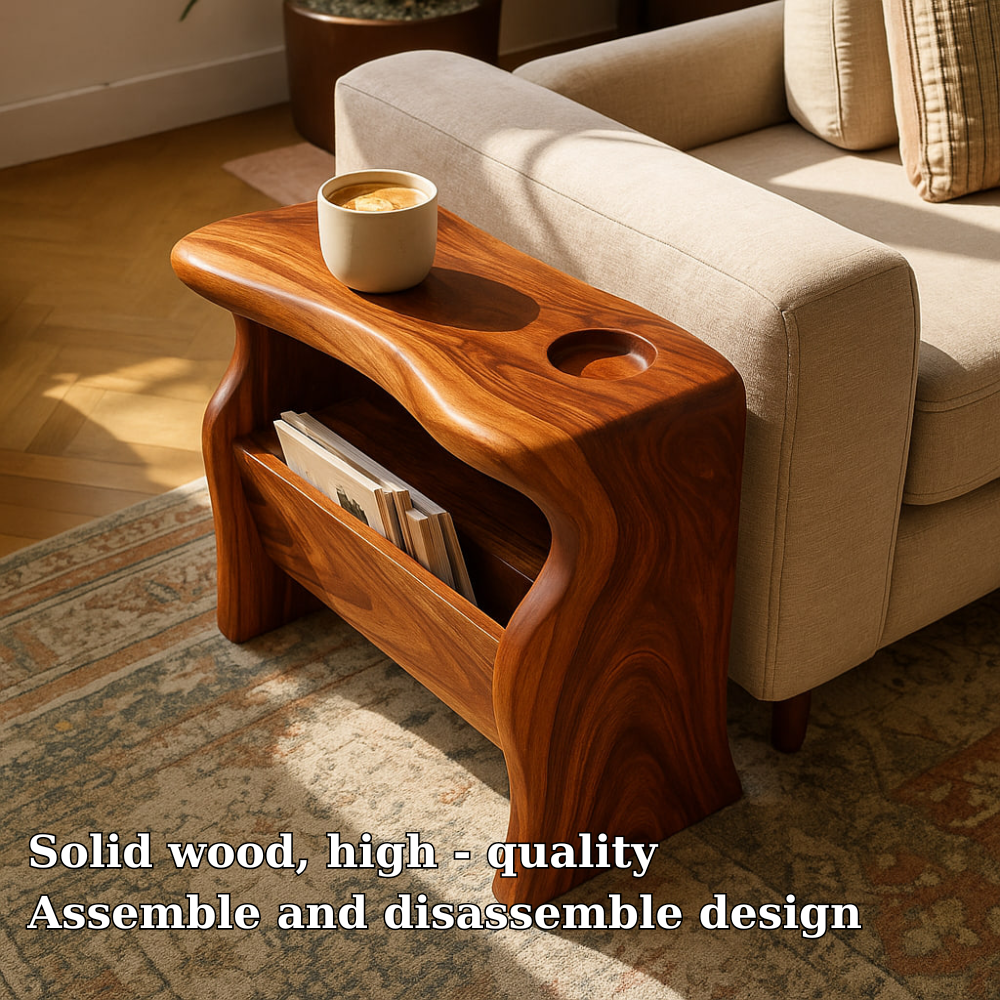 Handcrafted Solid Wood Armrest Table with Magazine Storage – Sculpted Organic Design