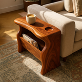 Handcrafted Solid Wood Armrest Table with Magazine Storage – Sculpted Organic Design