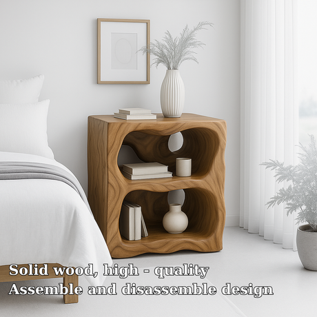 Handcrafted Solid Wood Nightstand – Organic Sculpted Bedside Table with Open Shelves