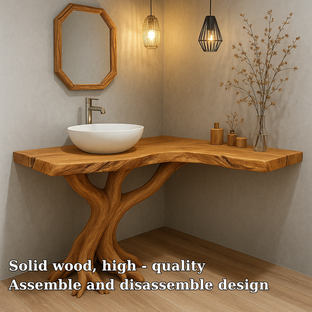 Handcrafted Solid Wood Bathroom Vanity – Sculptural Tree Root Base with Natural Live Edge