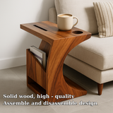 Handcrafted Solid Wood Armrest Table with Cup Holder & Magazine Storage