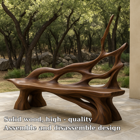 Handcrafted Solid Wood Bench with Backrest – Artistic Organic Form for Indoor & Outdoor