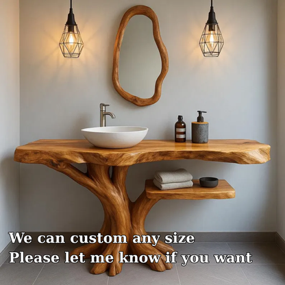 Handcrafted Solid Wood Bathroom Vanity with Tree-Inspired Base – Organic Natural Sink Stand