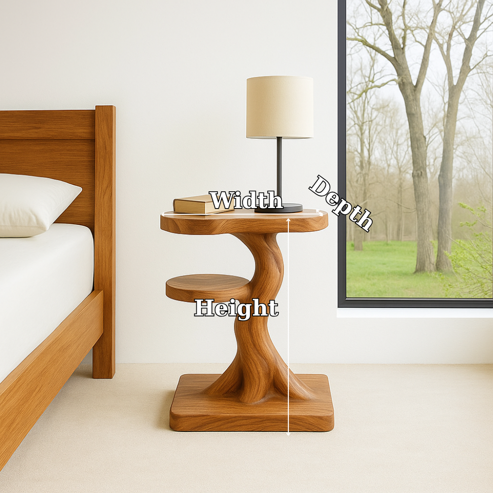 Handcrafted Solid Wood Nightstand – Sculptural Modern Bedside Table with Side Shelf