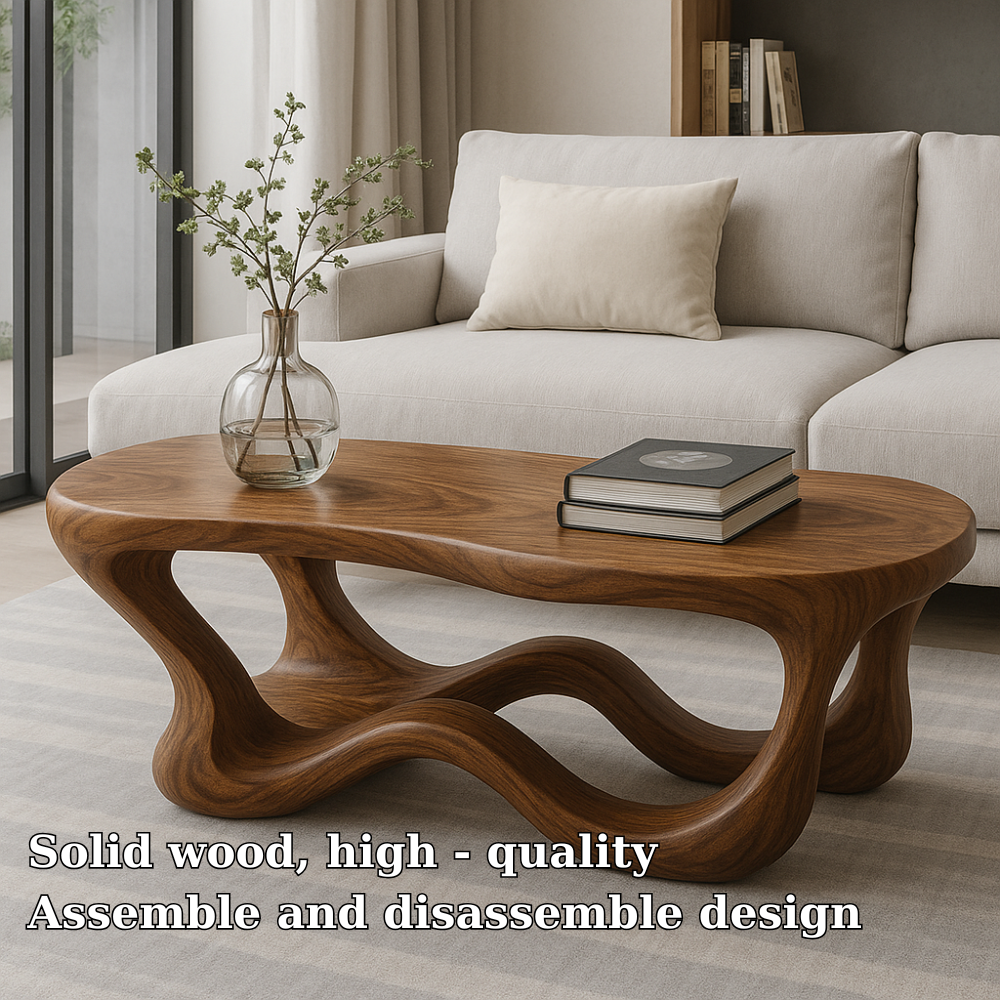Handcrafted Solid Wood Coffee Table – Sculptural Organic Design with Flowing Modern Aesthetic
