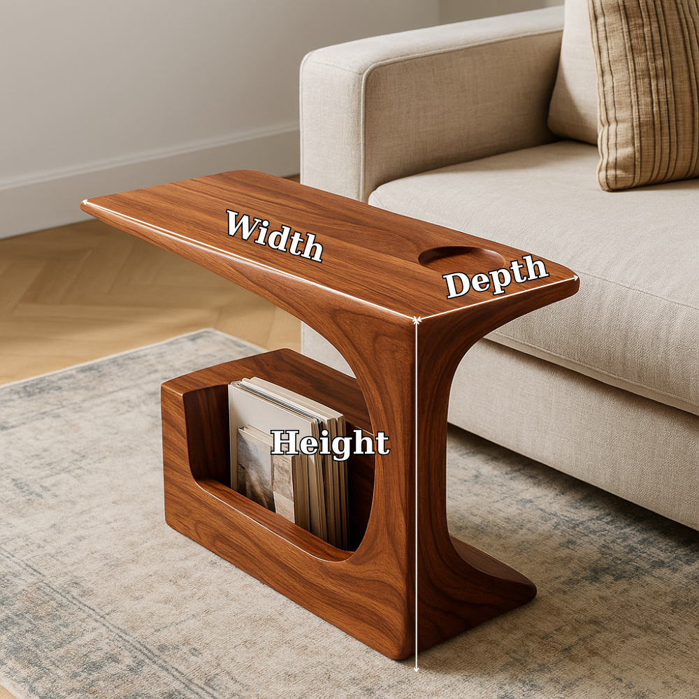 Handcrafted Solid Wood Armrest Table with Magazine Storage – Organic Sofa Side Table