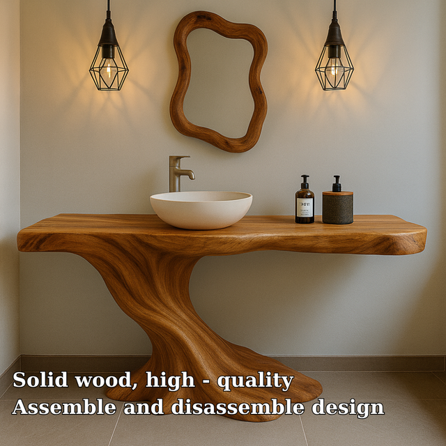 Handcrafted Solid Wood Bathroom Vanity with Organic Flow Design – Modern Natural Aesthetic