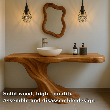 Handcrafted Solid Wood Bathroom Vanity with Organic Flow Design – Modern Natural Aesthetic