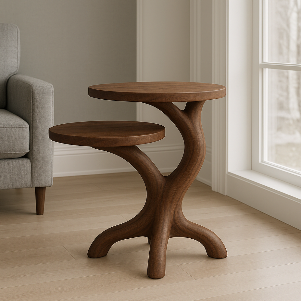 Handcrafted Solid Wood End Table – Two-Tier Organic Branch Design for Modern Interiors