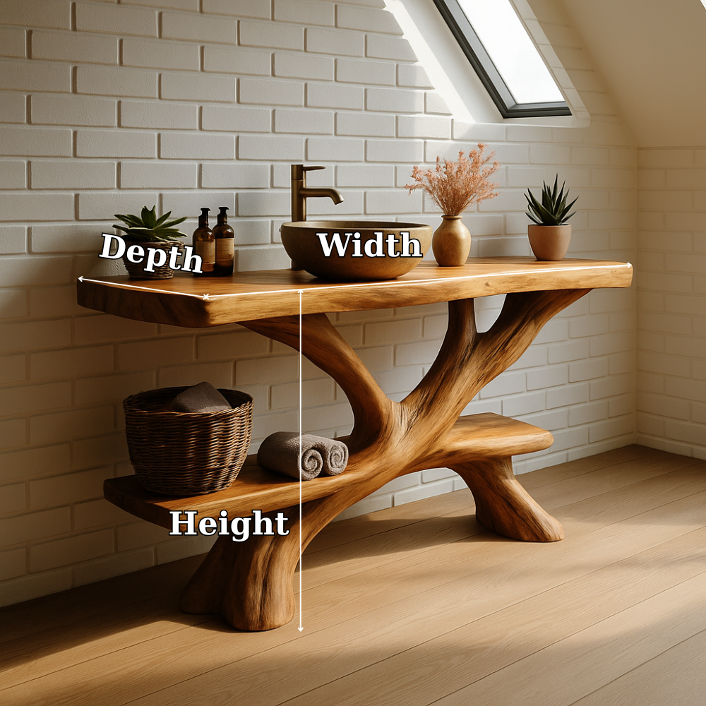 Handcrafted Solid Wood Bathroom Vanity – Rustic Organic Double Shelf Design for Modern Homes