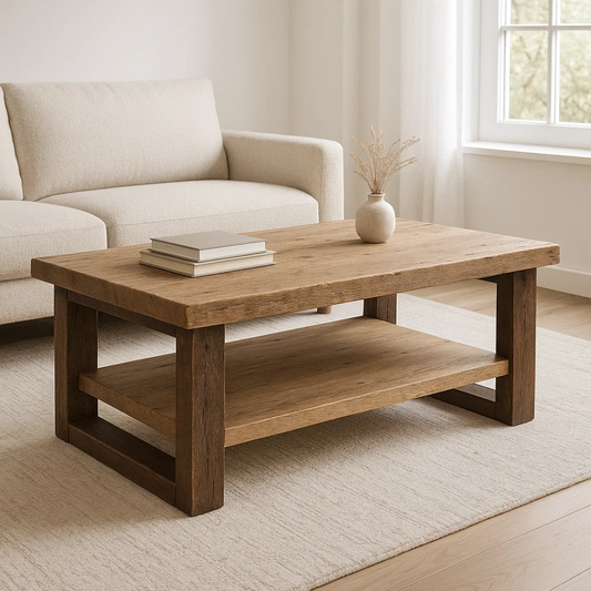 Handcrafted Solid Wood Coffee Table – Rustic Modern Design with Open Shelf Storage