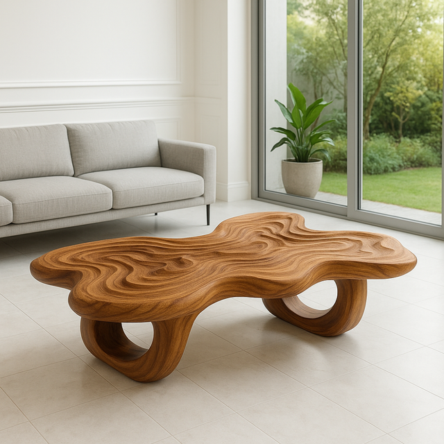 Handcrafted Solid Wood Coffee Table – Sculpted Organic Ripple Design