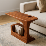 Handcrafted Solid Wood Armrest Table with Magazine Storage – Organic Sofa Side Table