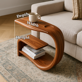 Handcrafted Solid Wood Armrest Table with Sculpted Curve Design & Storage Shelf