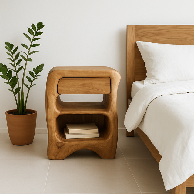 Handcrafted Solid Wood Nightstand – Sculptural Bedside Table with Drawer and Open Storage