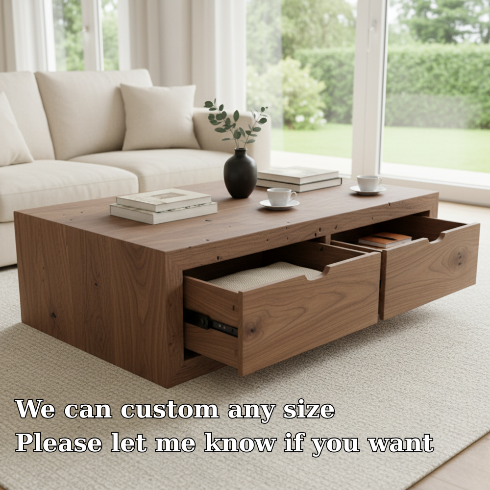 Handcrafted Solid Wood Coffee Table with Drawers – Modern Minimalist Design and Hidden Storage