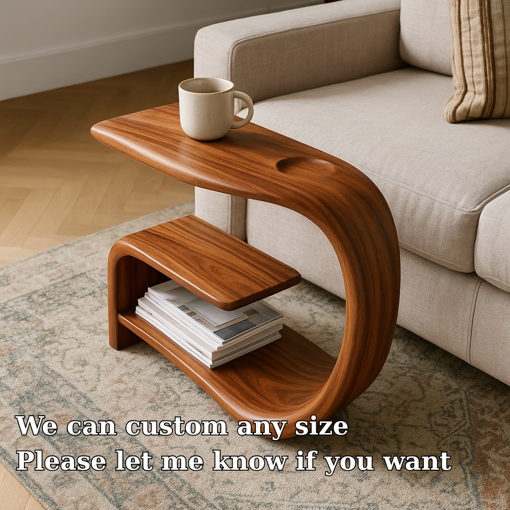 Handcrafted Solid Wood Armrest Table with Sculpted Curve Design & Storage Shelf