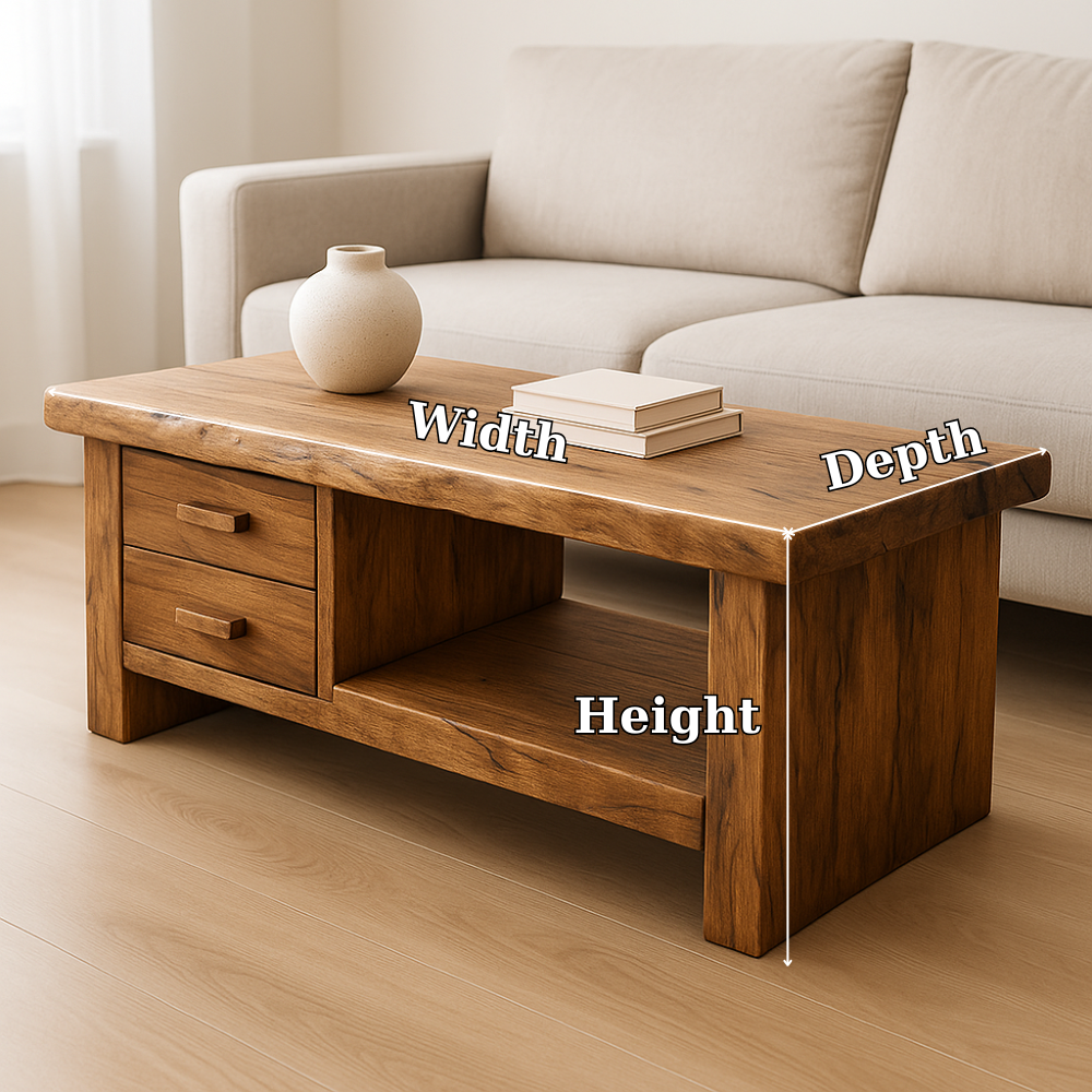 Handcrafted Solid Wood Coffee Table with Drawers – Rustic Natural Design for Modern Living Rooms