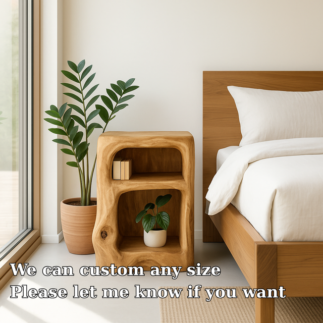 Handcrafted Solid Wood Nightstand – Organic Sculpted Bedside Table with Open Shelves