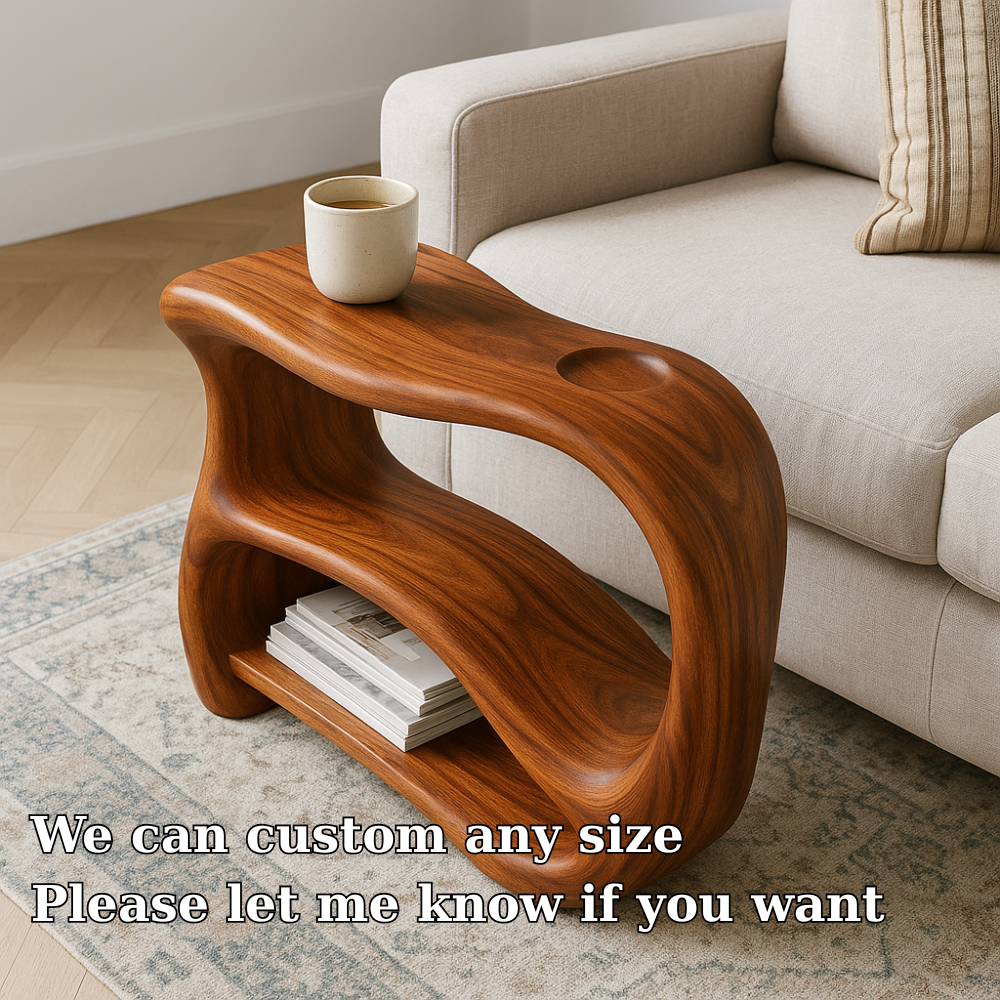 Handcrafted Solid Wood Armrest Table – Sculpted Organic Side Table with Storage Shelf