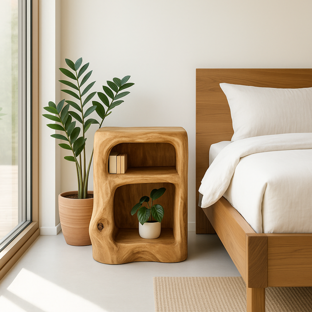 Handcrafted Solid Wood Nightstand – Organic Sculpted Bedside Table with Open Shelves