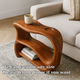 Handcrafted Solid Wood Armrest Table – Sculpted Organic Side Table with Storage Shelf