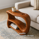 Handcrafted Solid Wood Armrest Table – Sculpted Organic Side Table with Storage Shelf