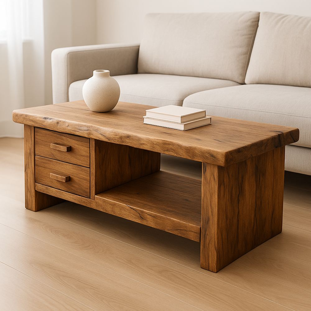 Handcrafted Solid Wood Coffee Table with Drawers – Rustic Natural Design for Modern Living Rooms