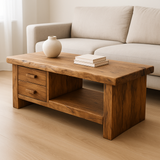 Handcrafted Solid Wood Coffee Table with Drawers – Rustic Natural Design for Modern Living Rooms