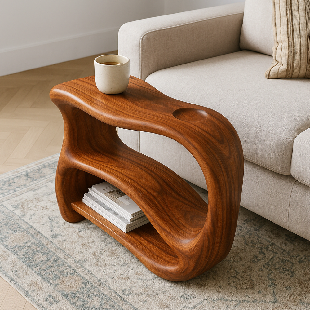 Handcrafted Solid Wood Armrest Table – Sculpted Organic Side Table with Storage Shelf