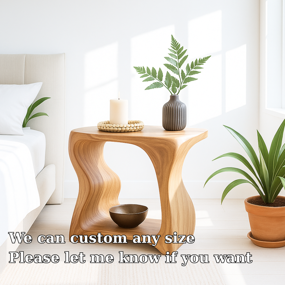 Handcrafted Solid Wood Nightstand – Sculpted Organic Bedside Table with Open Shelf