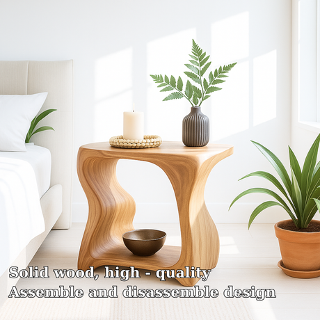 Handcrafted Solid Wood Nightstand – Sculpted Organic Bedside Table with Open Shelf