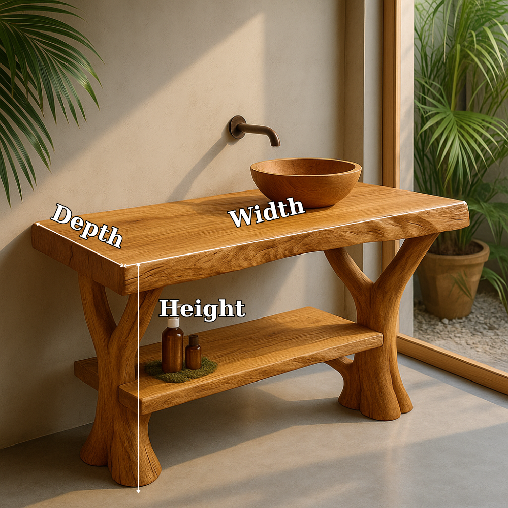 Handcrafted Solid Wood Bathroom Vanity – Natural Live Edge Design with Organic Branch Legs