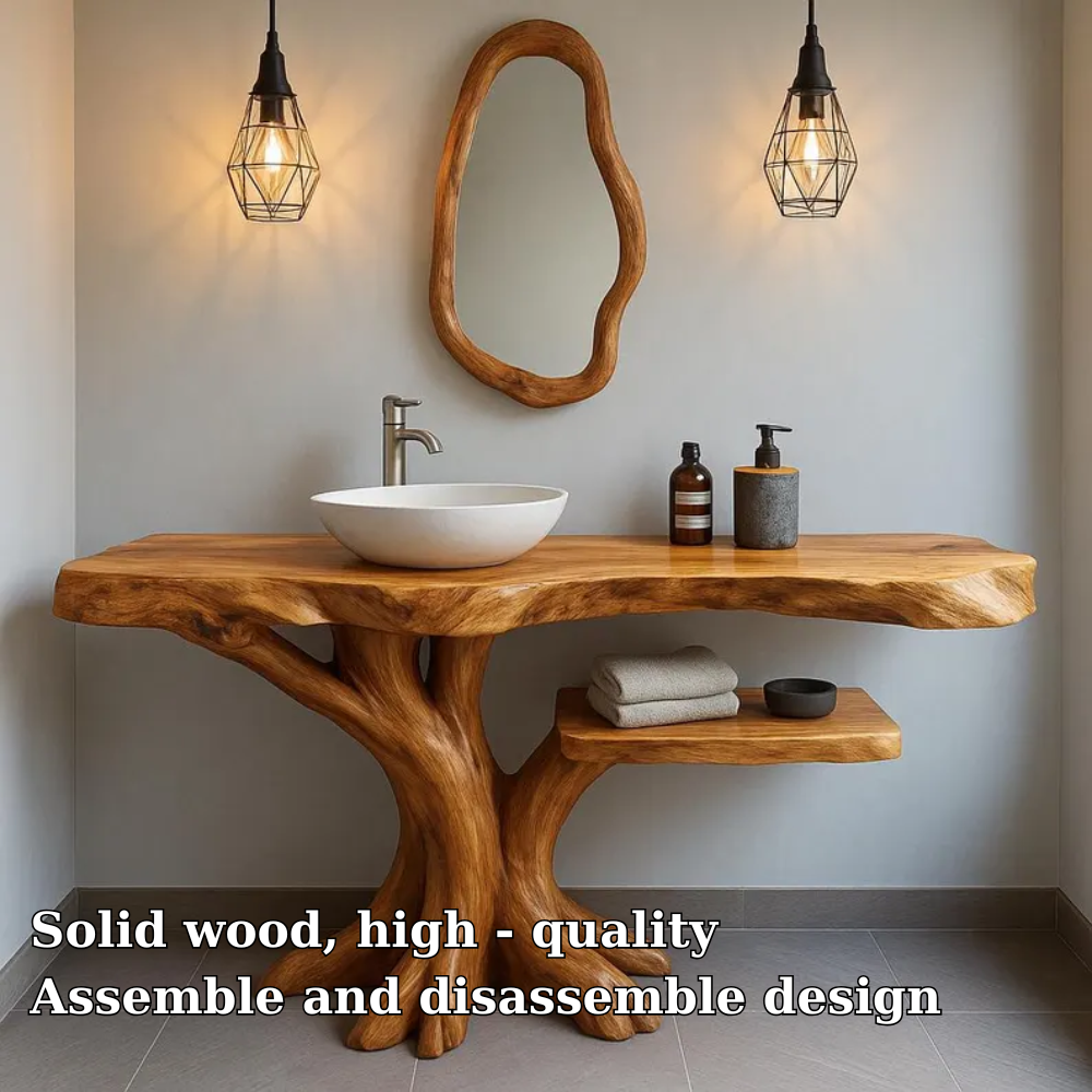 Handcrafted Solid Wood Bathroom Vanity with Tree-Inspired Base – Organic Natural Sink Stand