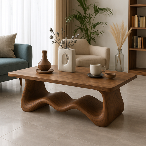 Handcrafted Solid Wood Coffee Table with Sculptural Wave Base – Modern Organic Centerpiece