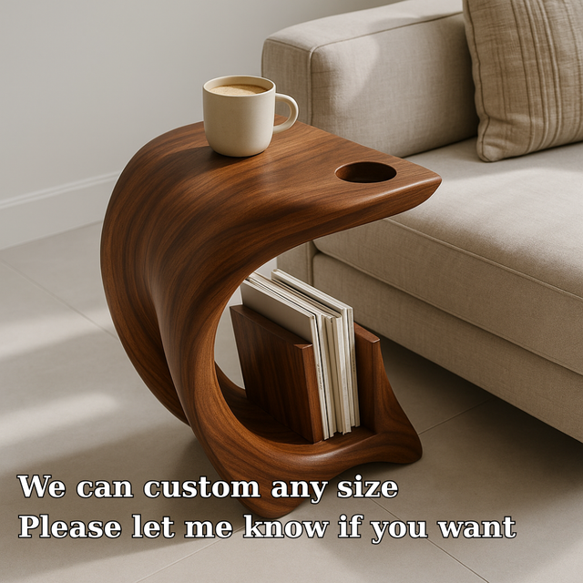 Handcrafted Solid Wood Armrest Table – Sculpted Organic Side Table with Storage Shelf