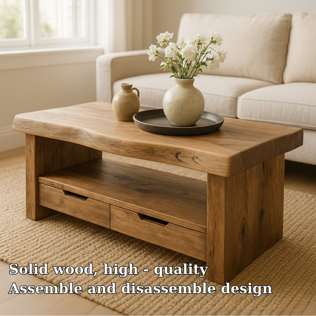 Handcrafted Solid Wood Coffee Table with Storage Drawers – Rustic Natural Design for Living Room