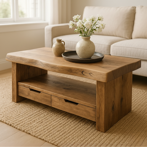 Handcrafted Solid Wood Coffee Table with Storage Drawers – Rustic Natural Design for Living Room