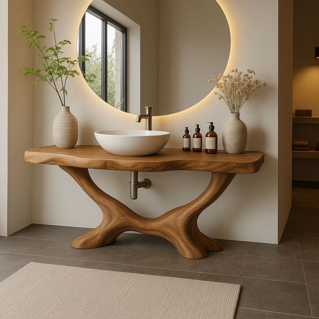 Handcrafted Solid Wood Bathroom Vanity with Organic Base – Modern Natural Bathroom Furniture