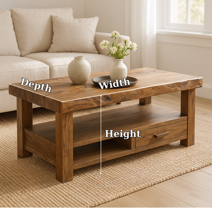 Handcrafted Solid Wood Coffee Table with Drawer – Rustic Modern Design for Cozy Living Spaces