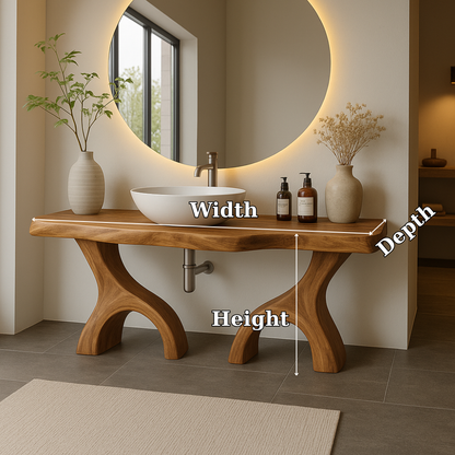 Handcrafted Solid Wood Bathroom Vanity with Dual Arched Base – Modern Organic Bathroom Design