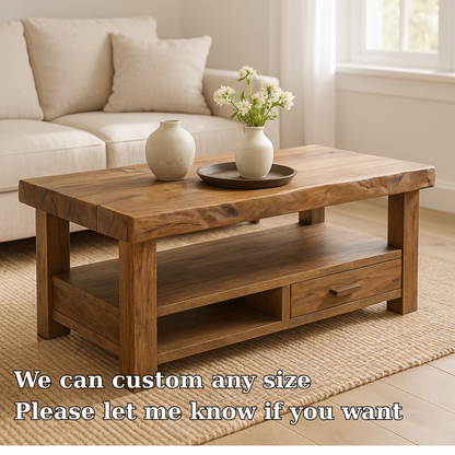 Handcrafted Solid Wood Coffee Table with Drawer – Rustic Modern Design for Cozy Living Spaces