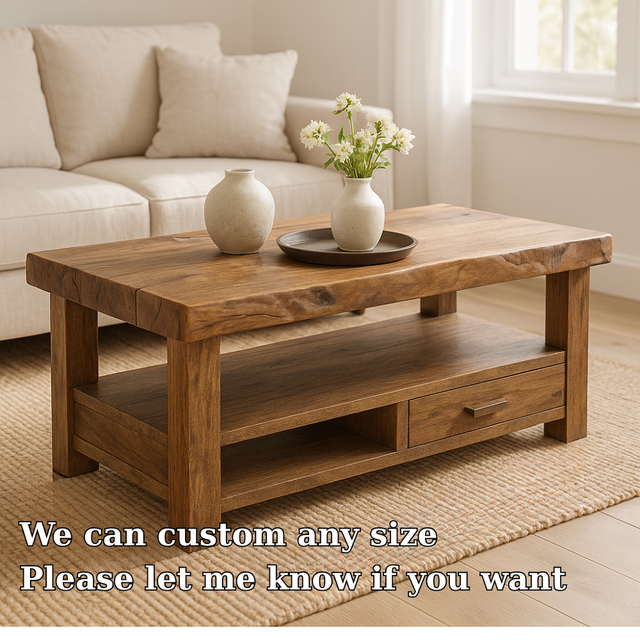 Handcrafted Solid Wood Coffee Table with Drawer – Rustic Modern Design for Cozy Living Spaces