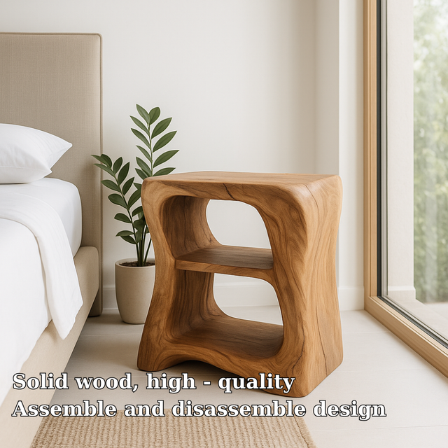 Handcrafted Solid Wood Nightstand – Sculpted Organic Bedside Table with Open Shelves
