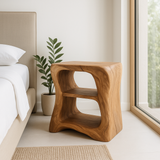 Handcrafted Solid Wood Nightstand – Sculpted Organic Bedside Table with Open Shelves